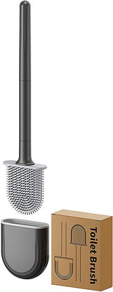 Black silicone toilet brush with detachable handle and wall-mounted holder