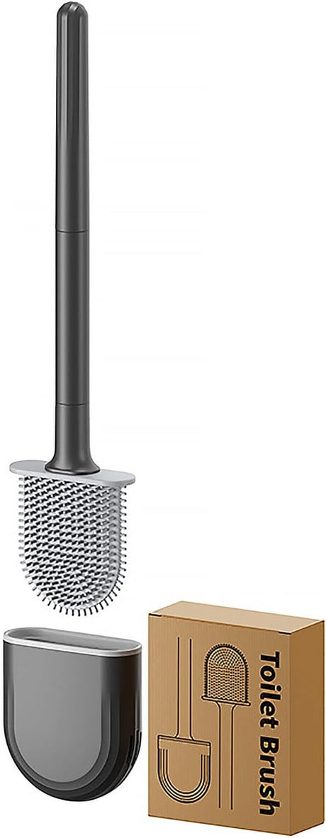 Black silicone toilet brush with detachable handle and wall-mounted holder