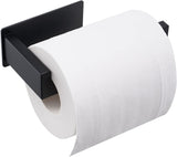 Black stainless steel adhesive toilet paper holder with a hooked end