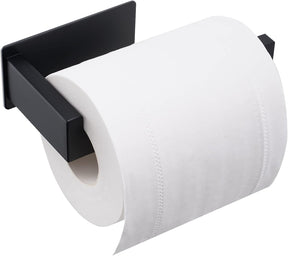 Black stainless steel adhesive toilet paper holder with a hooked end
