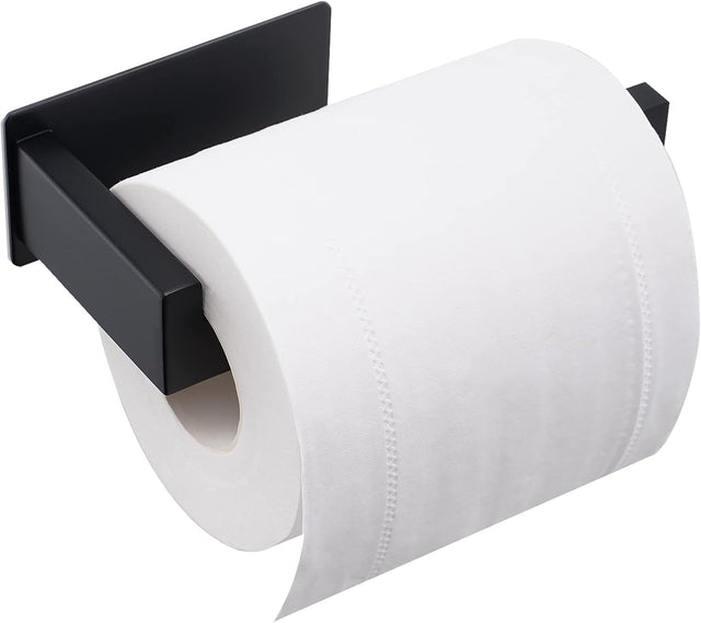 Black stainless steel adhesive toilet paper holder with a hooked end
