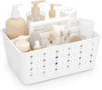 White portable plastic shower caddy organiser with carry handle and compartments