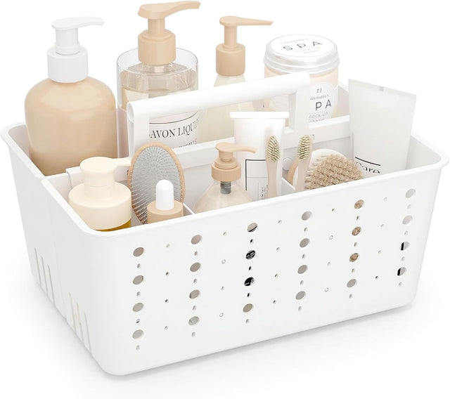 White portable plastic shower caddy organiser with carry handle and compartments
