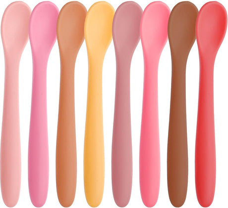 Set of eight soft tip silicone baby feeding spoons