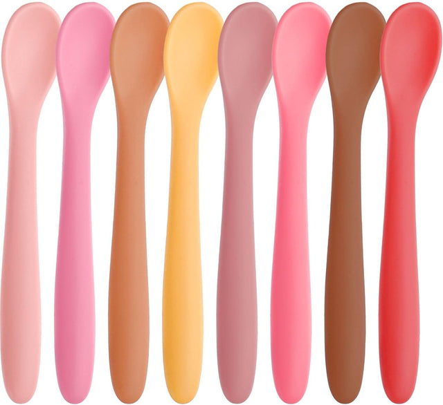 Set of eight soft tip silicone baby feeding spoons