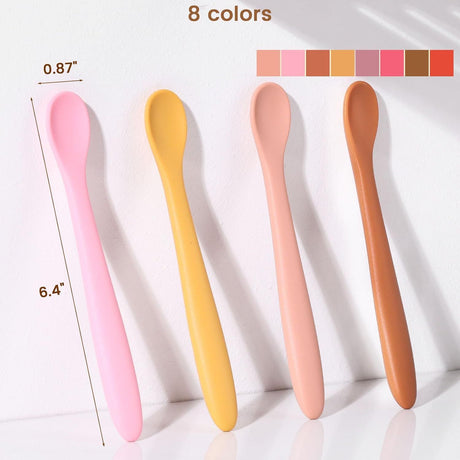 Set of eight soft tip silicone baby feeding spoons