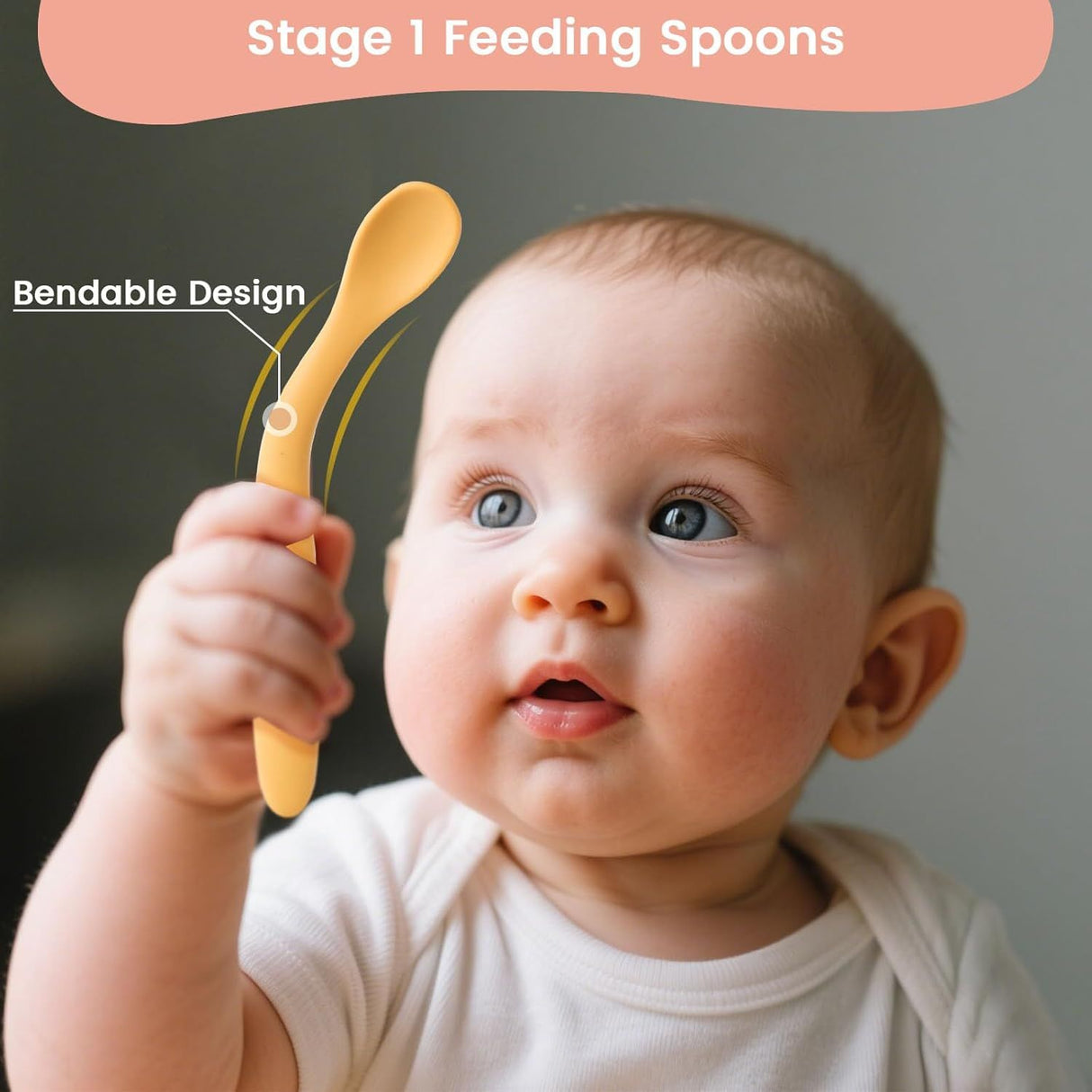 Set of eight soft tip silicone baby feeding spoons