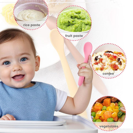 Set of eight soft tip silicone baby feeding spoons