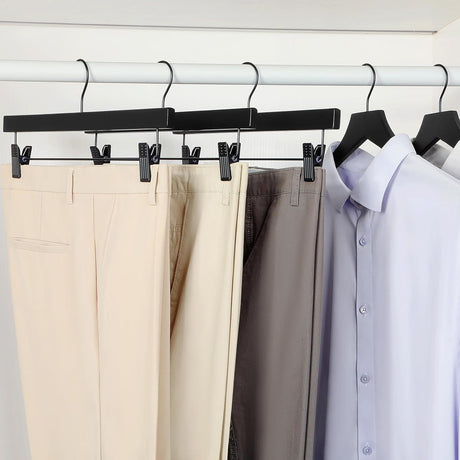 Wooden pants and skirt hangers 10 pack with clips black