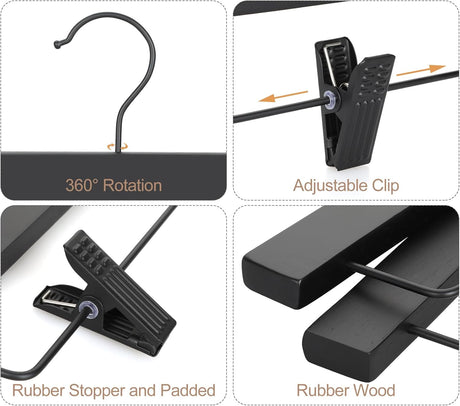 Wooden pants and skirt hangers 10 pack with clips black