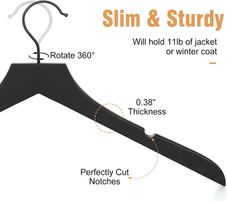 Wooden coat hangers 20 pack rubber wood with black swivel hook
