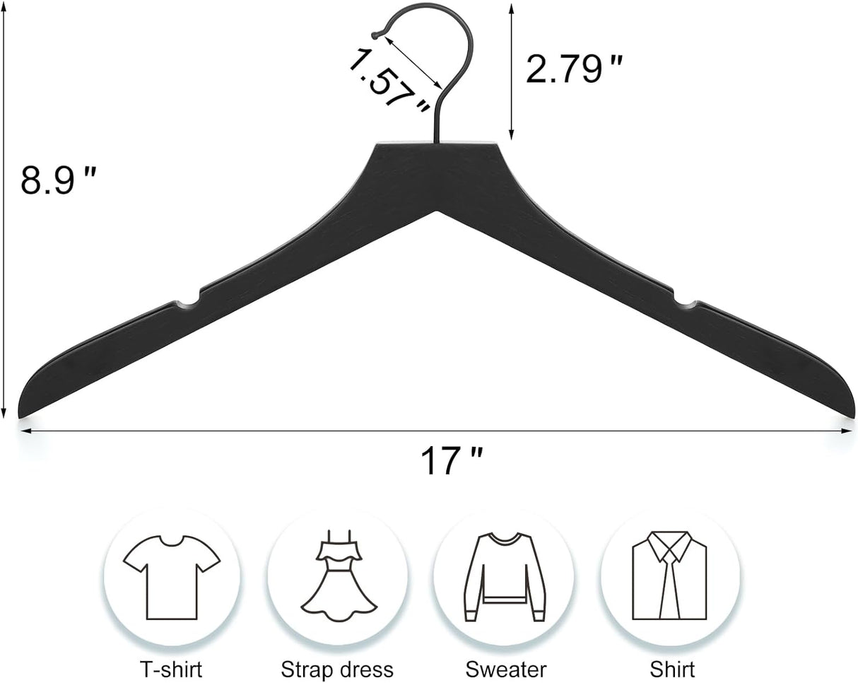 Wooden coat hangers 20 pack rubber wood with black swivel hook