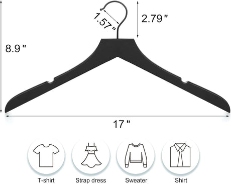 Wooden coat hangers 20 pack rubber wood with black swivel hook