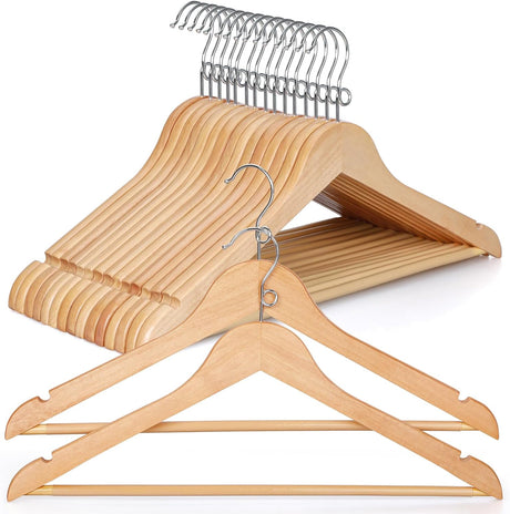 Wooden coat hangers 30 pack with swivel hook and pants bar