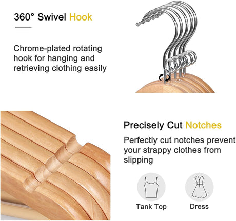 Wooden coat hangers 30 pack with swivel hook and pants bar