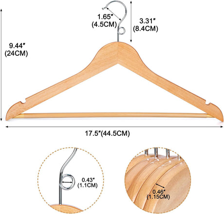 Wooden coat hangers 30 pack with swivel hook and pants bar