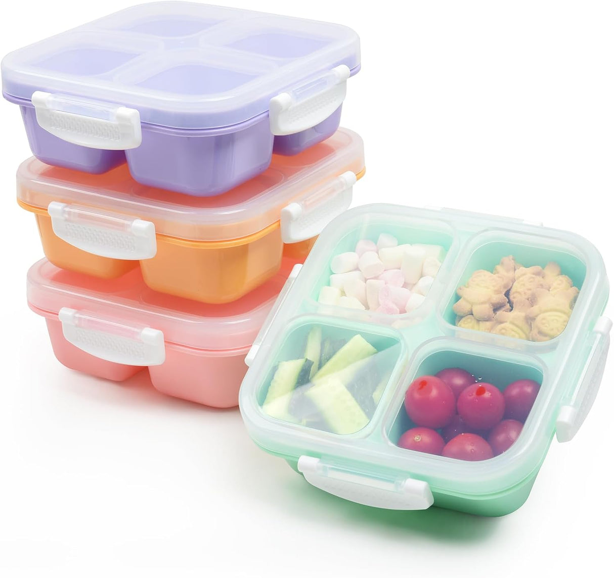 Set of four snack containers with four compartments and snap lock lids