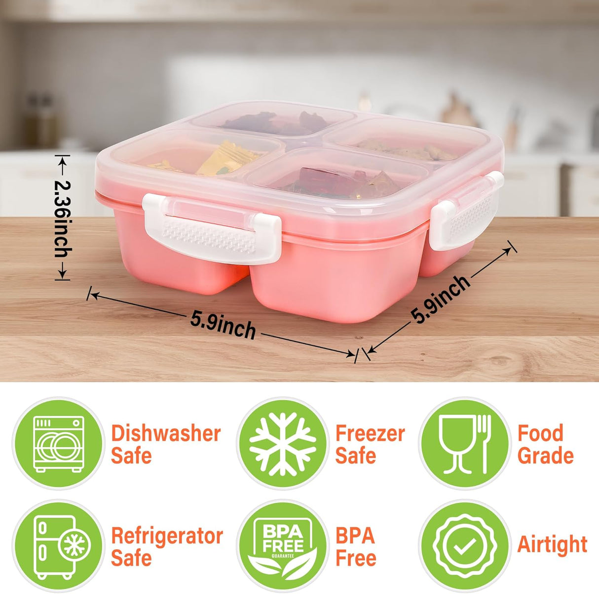Set of four snack containers with four compartments and snap lock lids