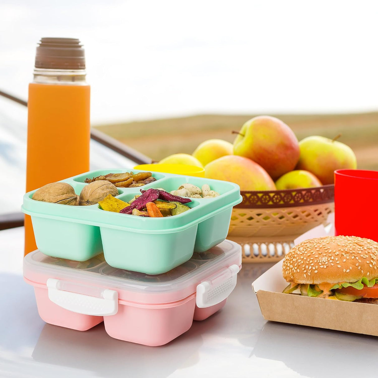Set of four snack containers with four compartments and snap lock lids