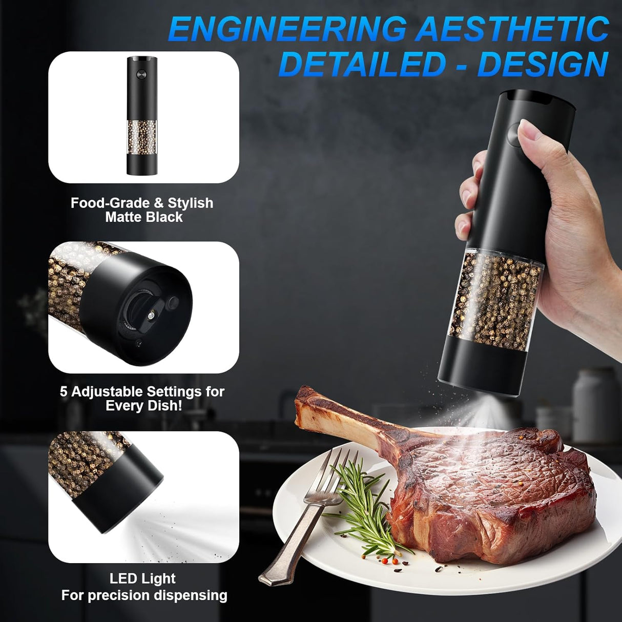 Scopello Salt or Pepper Grinder, Electric, LED Light, Black