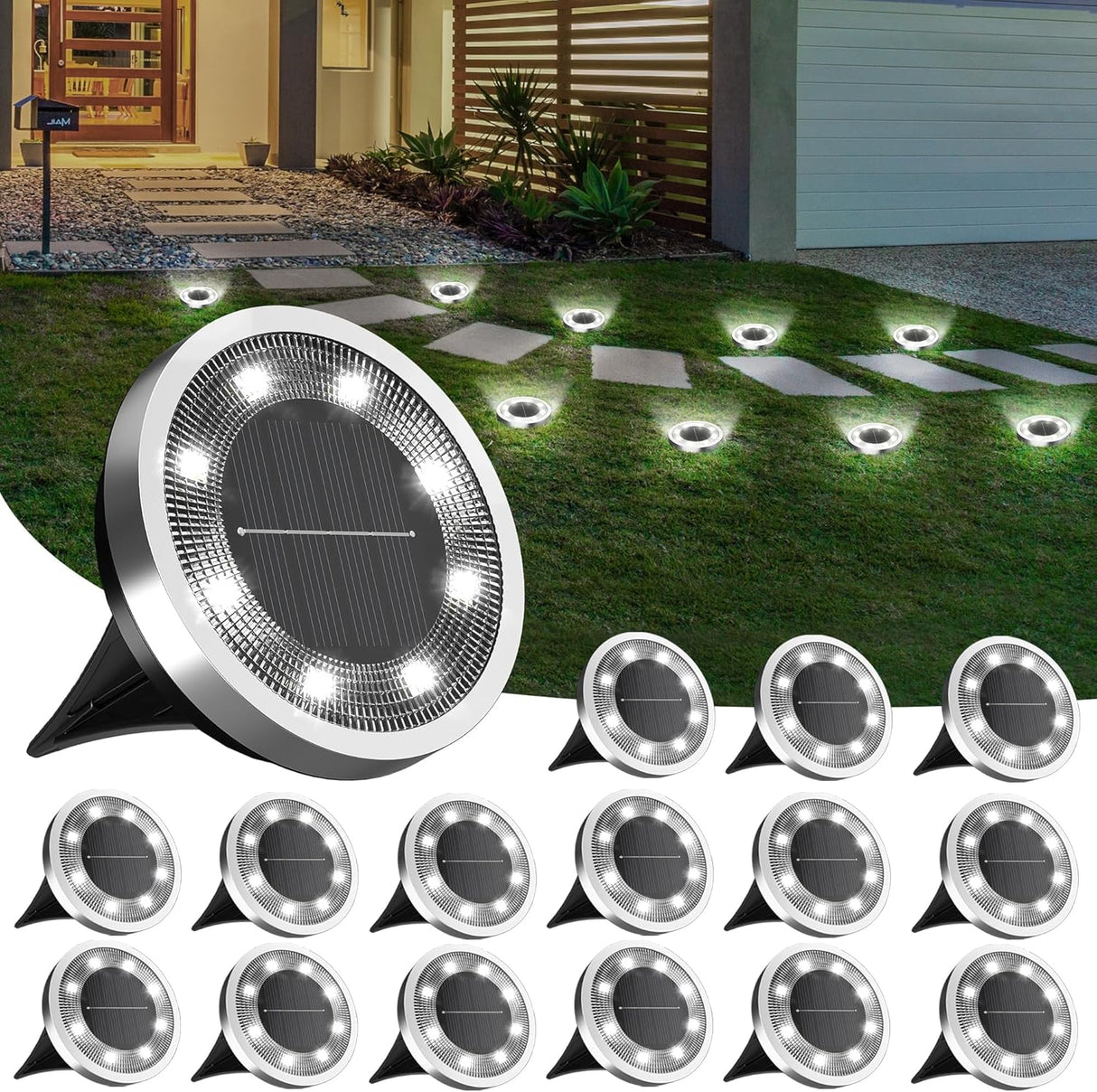 Cold white solar ground lights on an outdoor garden pathway