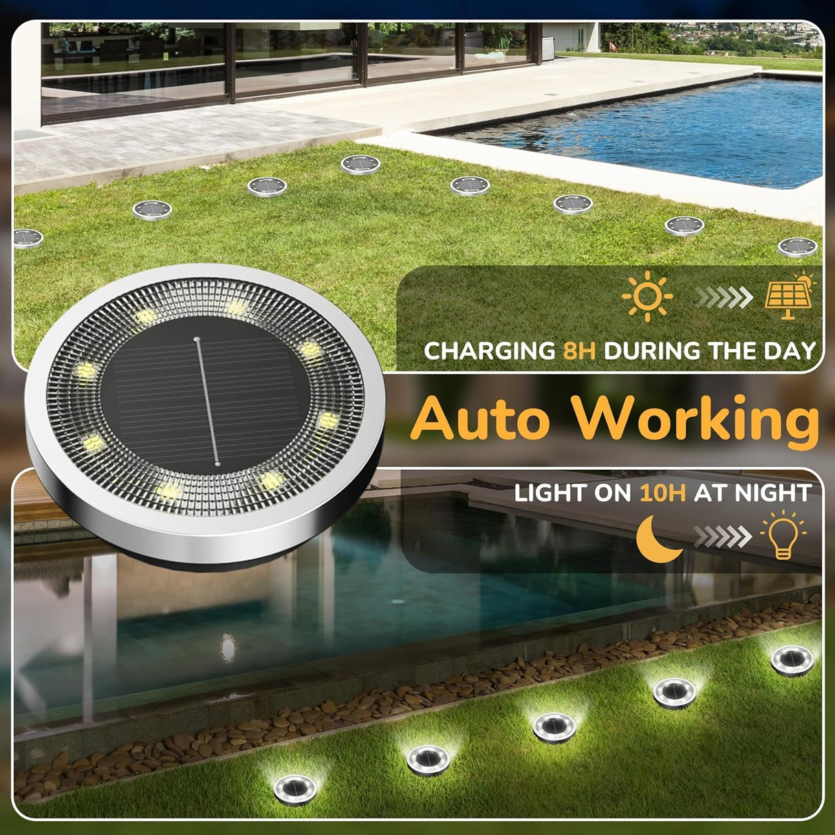 Cold white solar ground lights on an outdoor garden pathway