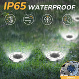 Cold white solar ground lights on an outdoor garden pathway