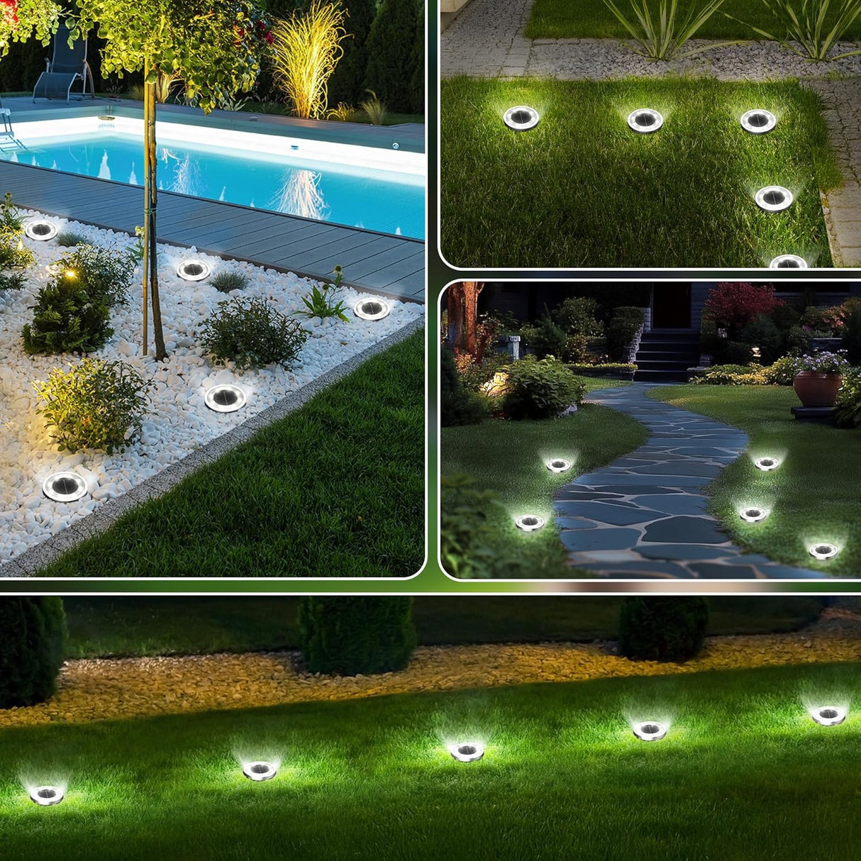 Cold white solar ground lights on an outdoor garden pathway