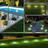 Cold white solar ground lights on an outdoor garden pathway