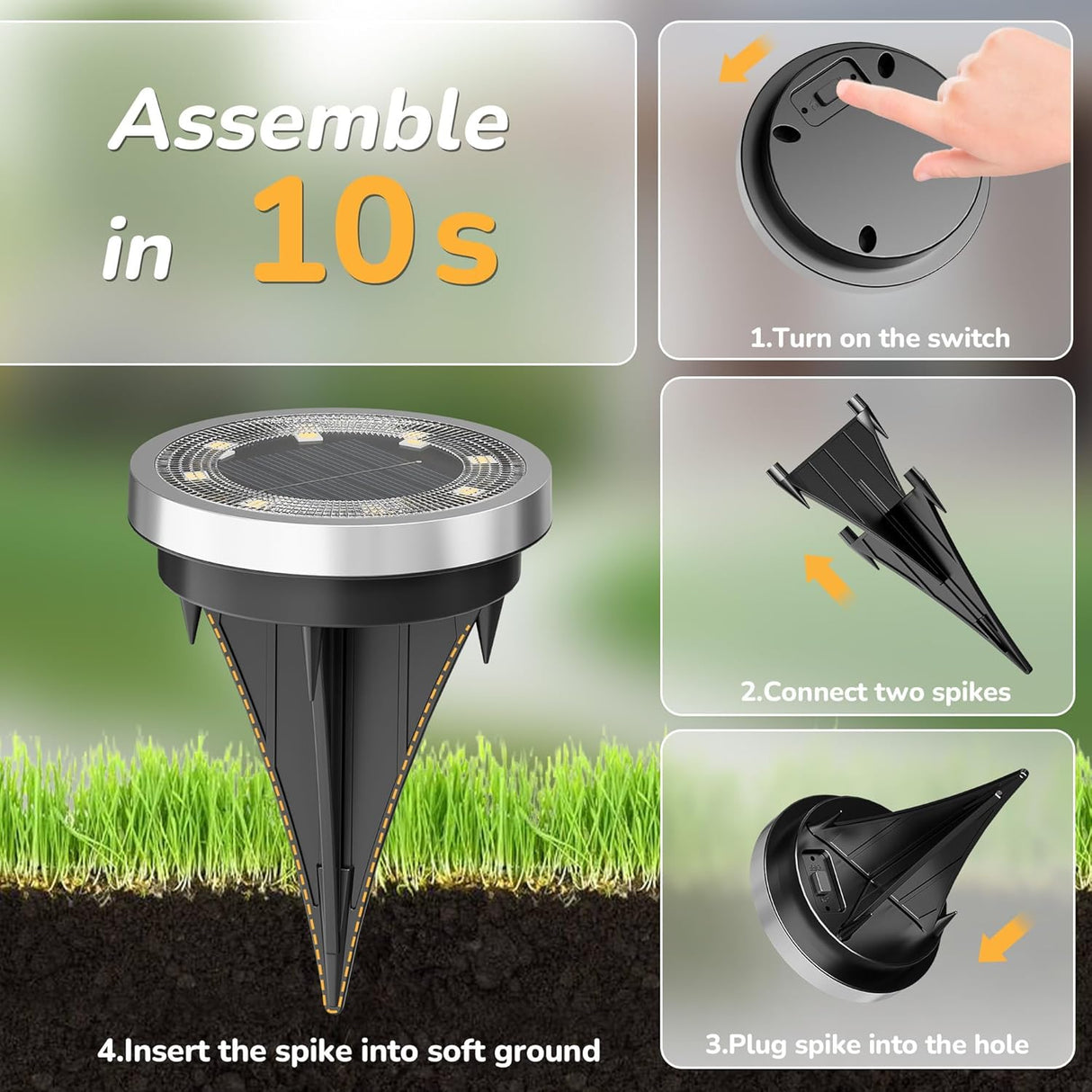 Cold white solar ground lights on an outdoor garden pathway