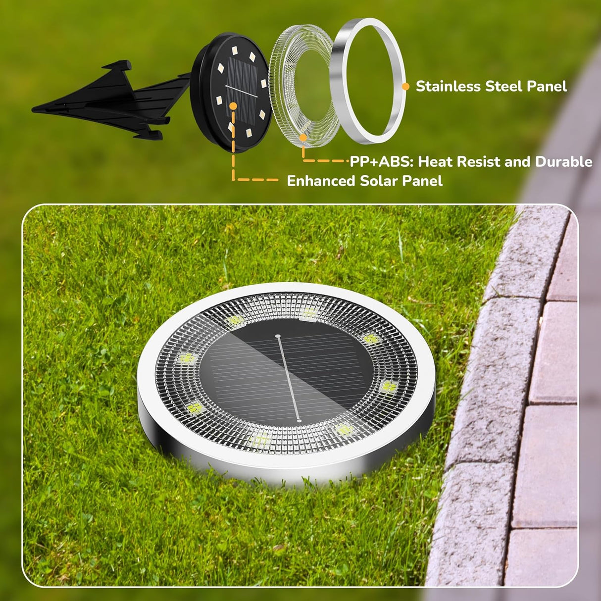 Cold white solar ground lights on an outdoor garden pathway