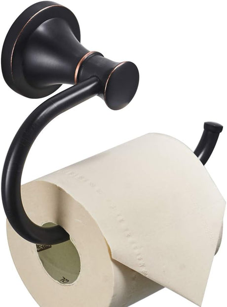 Oil rubbed bronze toilet paper holder mounted on a bathroom wall