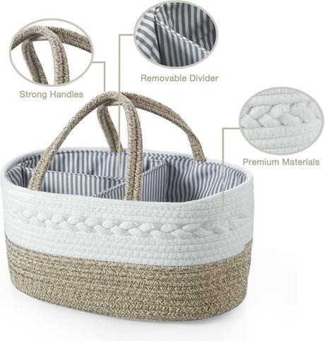 Brown cotton rope baby diaper caddy organiser with three compartments