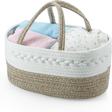 Brown cotton rope baby diaper caddy organiser with three compartments