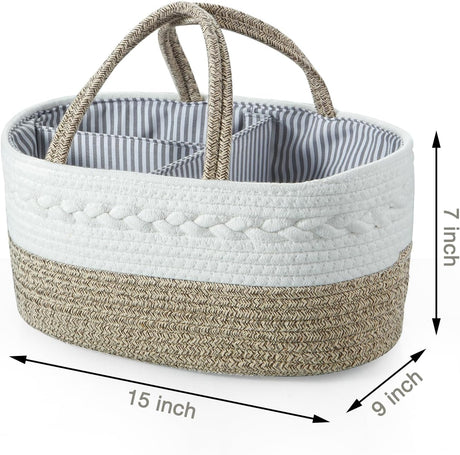 Brown cotton rope baby diaper caddy organiser with three compartments