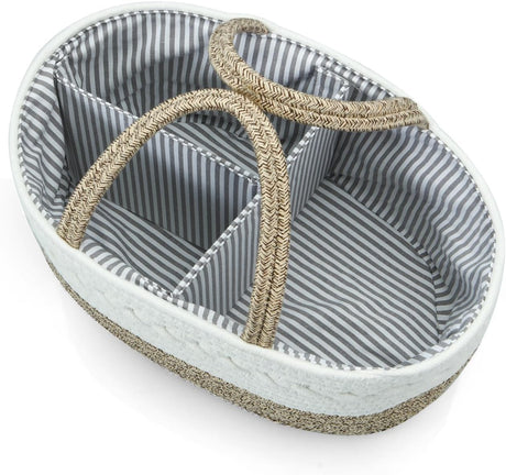 Brown cotton rope baby diaper caddy organiser with three compartments