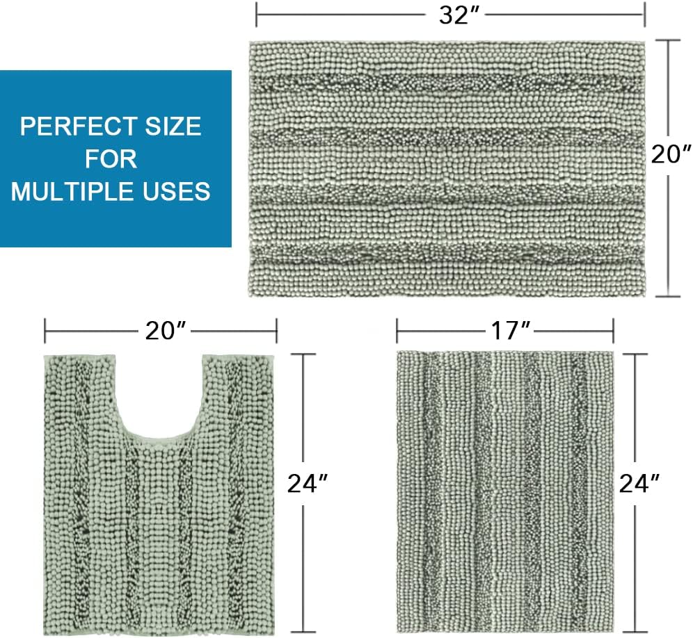 Large sage striped chenille bath mat, 51 x 81 cm, in front of a bath tub