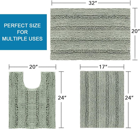 Large sage striped chenille bath mat, 51 x 81 cm, in front of a bath tub