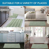 Small sage striped chenille bath mat, 43 x 61 cm, beside a vanity