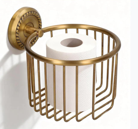 Brushed brass wall mounted toilet paper holder basket with perforated pattern