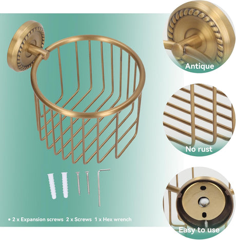 Side profile of the brushed brass toilet paper basket showing its depth