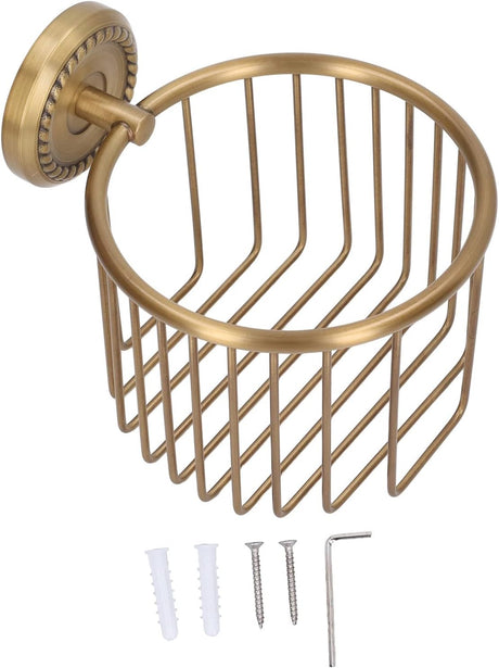 Brass toilet roll basket holding a roll in use with a spare stored behind