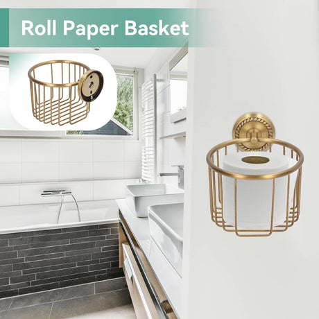 Top down view into the open brass toilet paper holder basket