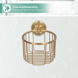 Brass toilet paper basket with wall mounting bracket and fixings shown