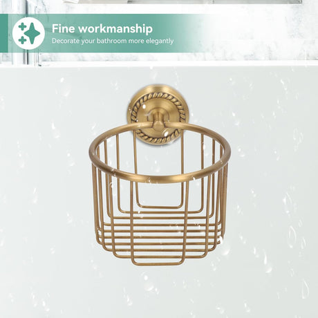 Brass toilet paper basket with wall mounting bracket and fixings shown