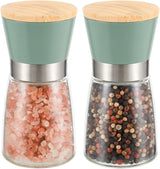 Sciacca green salt and pepper grinder set with glass jars and bamboo lids