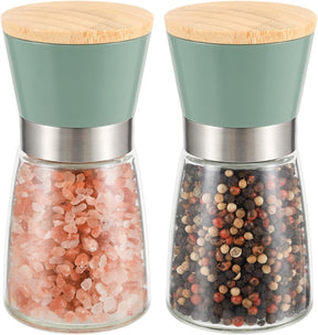 Sciacca green salt and pepper grinder set with glass jars and bamboo lids
