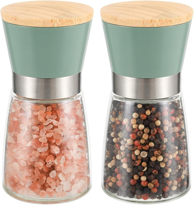 Sciacca green salt and pepper grinder set with glass jars and bamboo lids