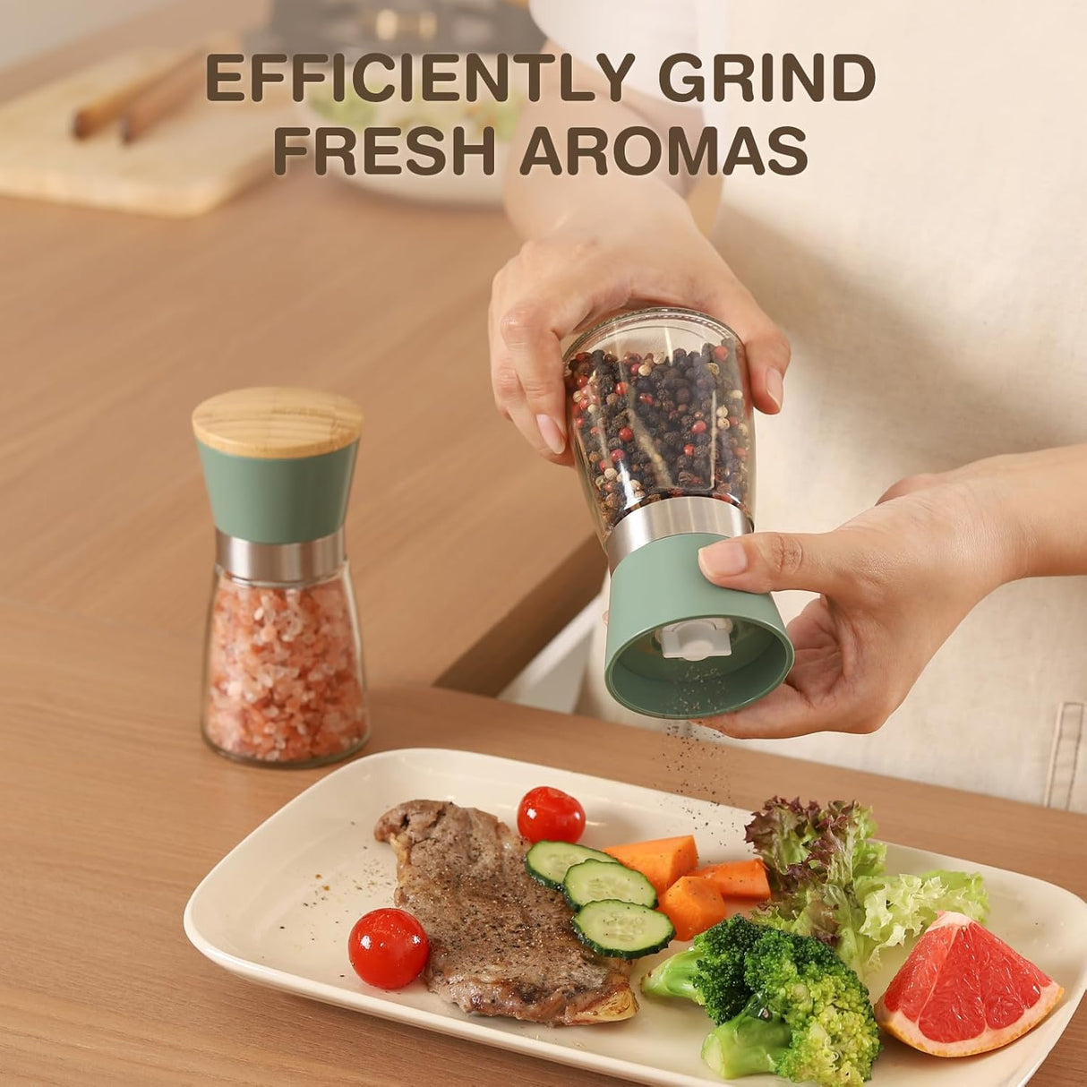 Sciacca Salt and Pepper Grinder Set, Glass and Stainless Steel, Bamboo Lid, Green, 160ml, 2pcs