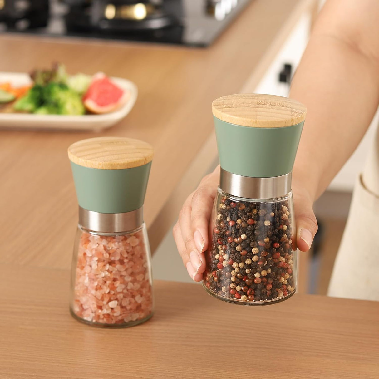 Sciacca Salt and Pepper Grinder Set, Glass and Stainless Steel, Bamboo Lid, Green, 160ml, 2pcs